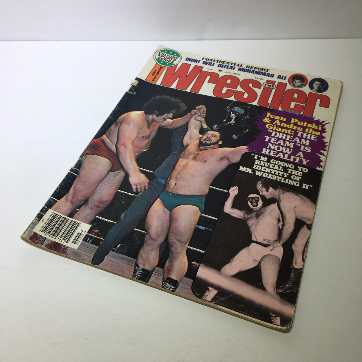 Front cover of The Wrestler Magazine July 1976, showcasing Andre the Giant and Ivan Putski in the ring, capturing a significant moment in wrestling history.