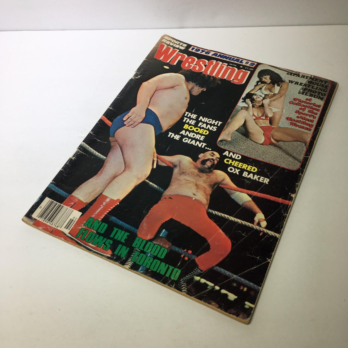 Front cover of Wrestling 1976 Annual #2 highlighting the match between Andre the Giant and Cheered Ox Baker with promotional snippets.