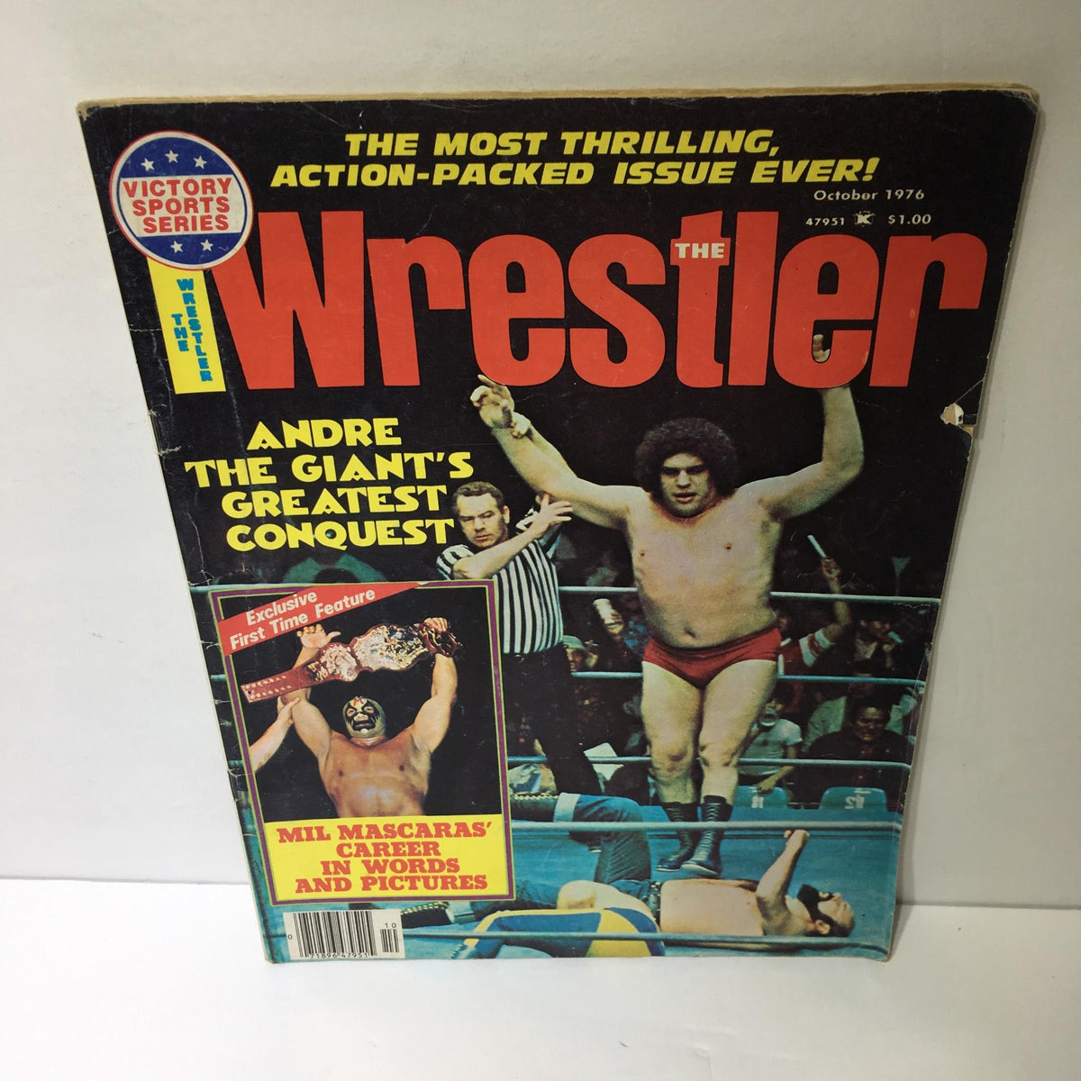 The Wrestler Magazine October 1976 featuring Andre The Giant on the cover. Iconic vintage wrestling magazine showcasing Andre's greatest conquest with vibrant colors and action-packed imagery.
