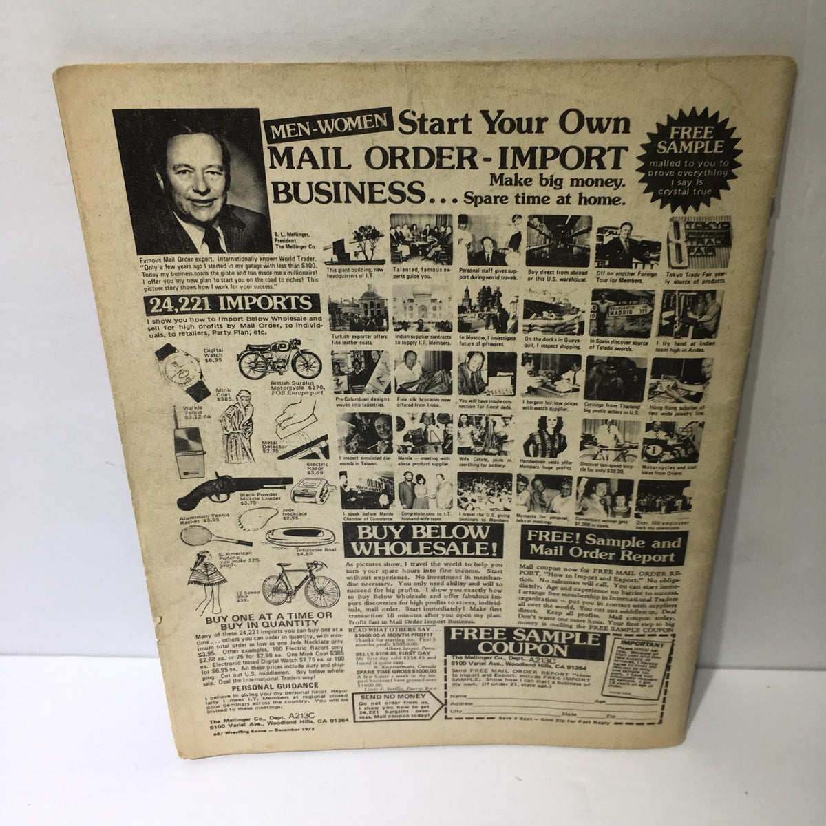Back cover of Wrestling Revue Magazine December 1975, advertising mail-order import business opportunities with various product images and enticing offers.