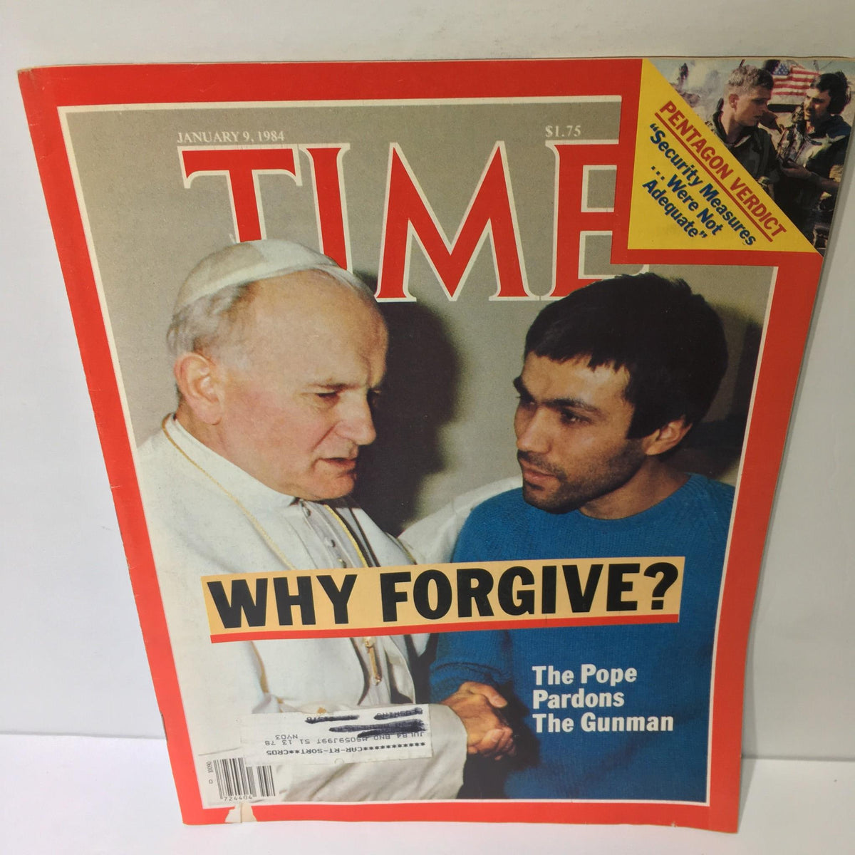 Time Magazine January 9, 1984 cover featuring Pope John Paul II meeting with his assailant, titled 'Why Forgive? The Pope Pardons The Gunman'.
