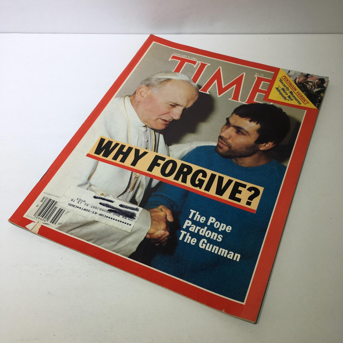 Another angle of Time Magazine January 9, 1984 cover, showcasing the title 'Why Forgive? The Pope Pardons The Gunman' with Pope John Paul II.