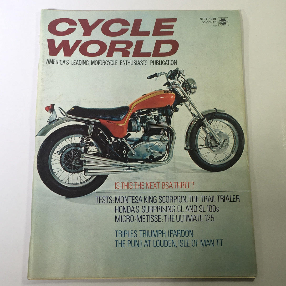 Cycle World Magazine September 1970 featuring the Montesa King Scorpion and Honda CL & SL on the cover with a classic motorcycle image. This collectible vintage issue showcases the essence of 1970s motorcycle culture.