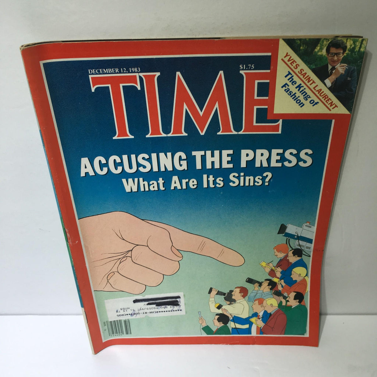 Cover of Time Magazine December 12 1983 titled 'Accusing The Press: What Are Its Sins?' featuring a graphic illustration of a hand pointing and reporters with cameras.