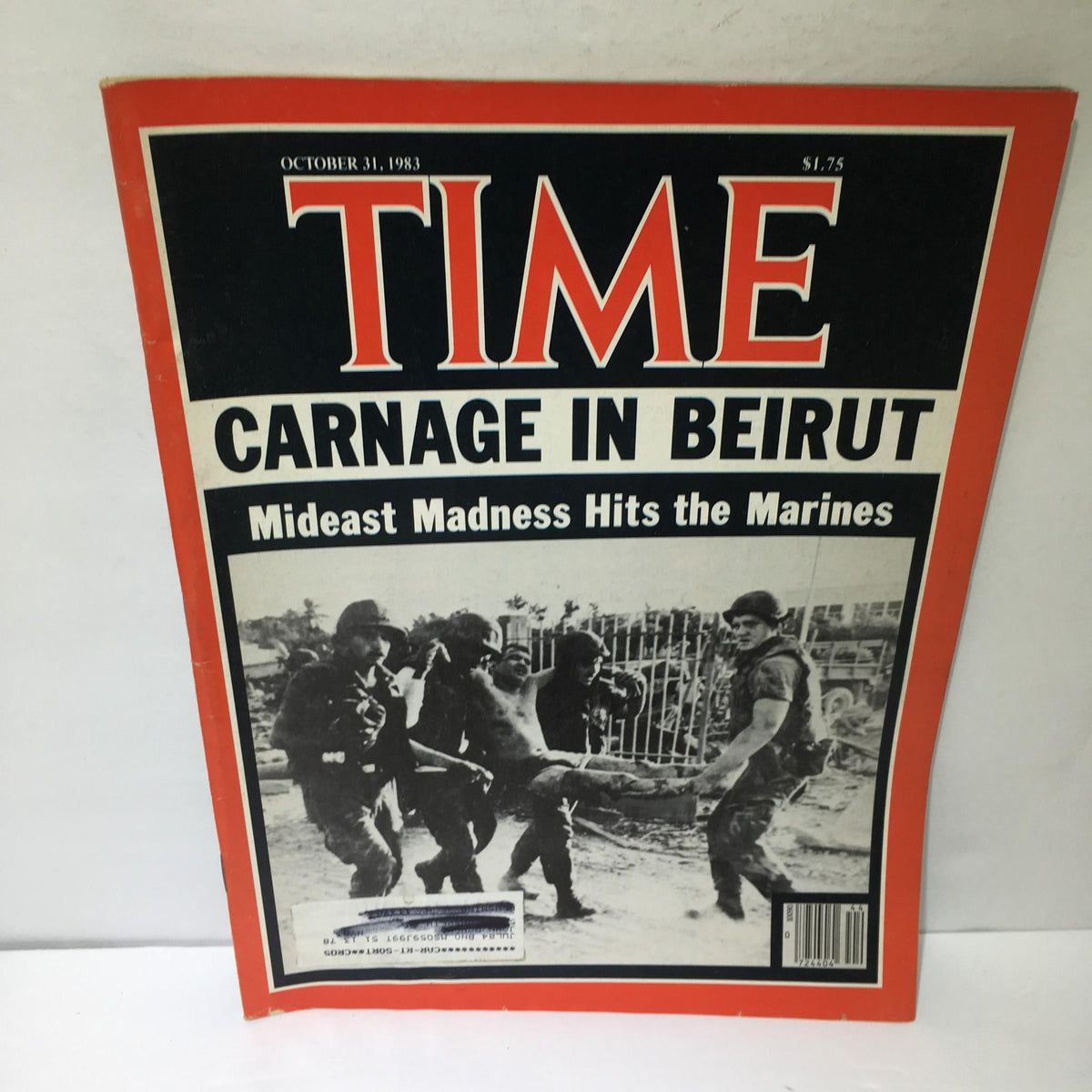 Cover of Time Magazine dated October 31, 1983, featuring the title 'Carnage In Beirut: Mideast Madness Hits the Marines' with vivid images depicting military involvement.