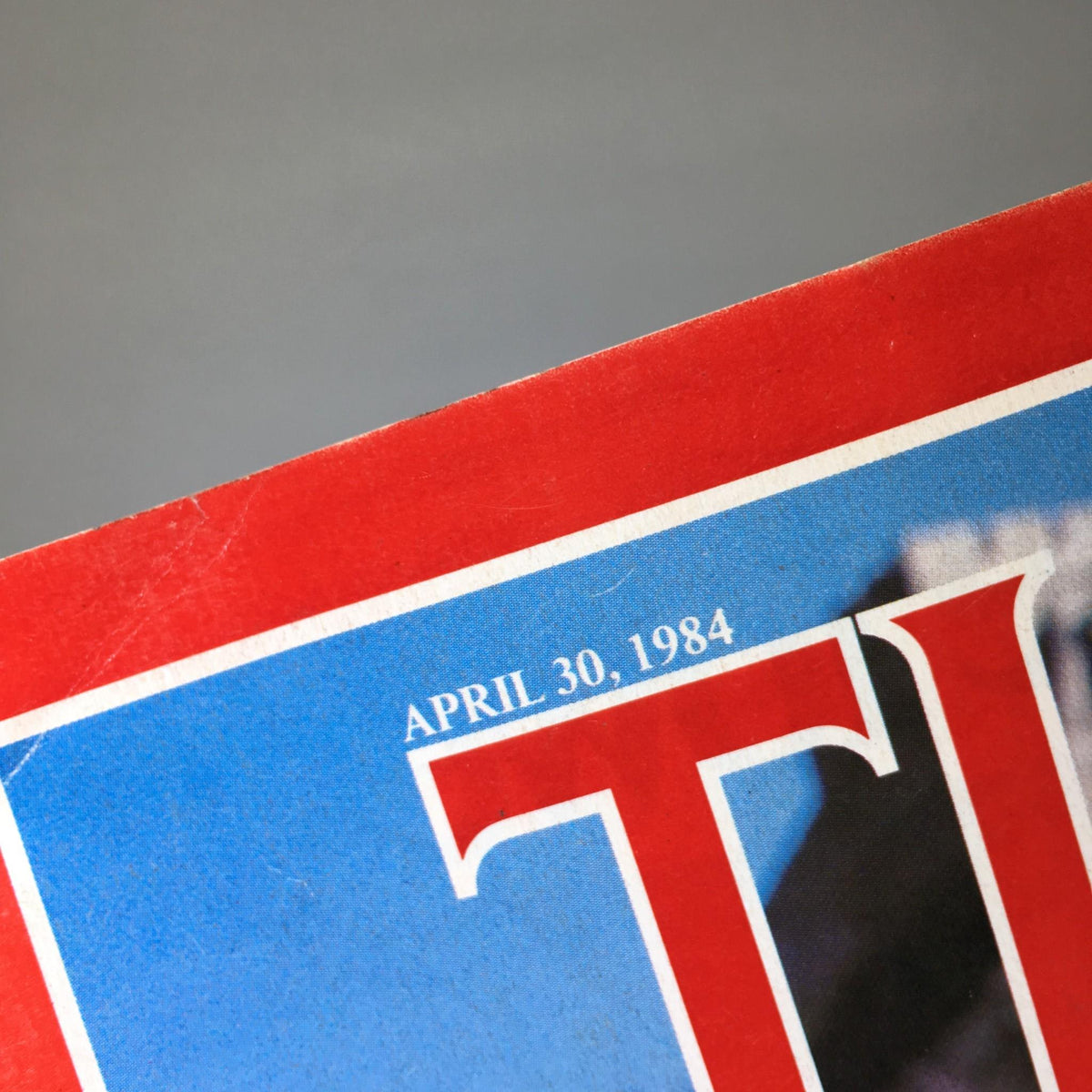 Close-up of the top corner of the Time Magazine cover dated April 30, 1984, highlighting the date and the publication's title 'Time'.
