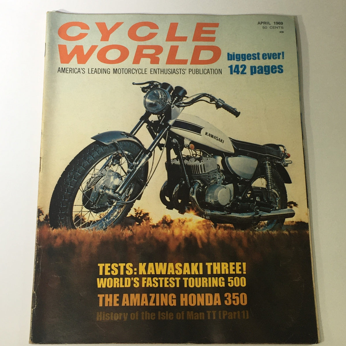 Cover of Cycle World Magazine, April 1969 featuring the Kawasaki Three motorcycle and the Honda 350 road tests, highlighting major automotive innovations of the late 60s.