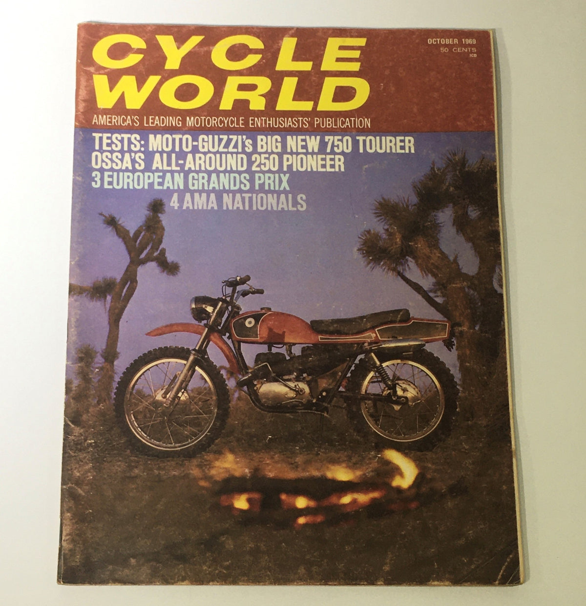 Cover of Cycle World Magazine, October 1969 issue featuring the Moto-Guzzi 750 Tourer and Ossa 250 Pioneer, showcasing motorcycle tests and events.