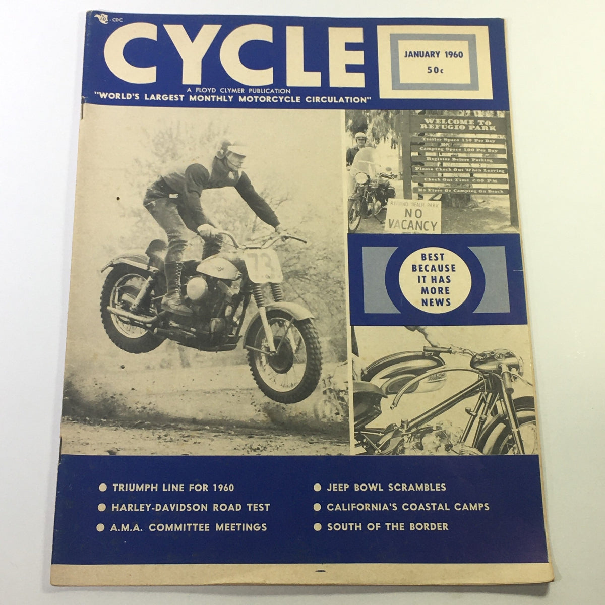 Cover of VTG Cycle Magazine January 1960 featuring a motorcyclist, with articles on Triumph Line 160 and Harley-Davidson road tests.