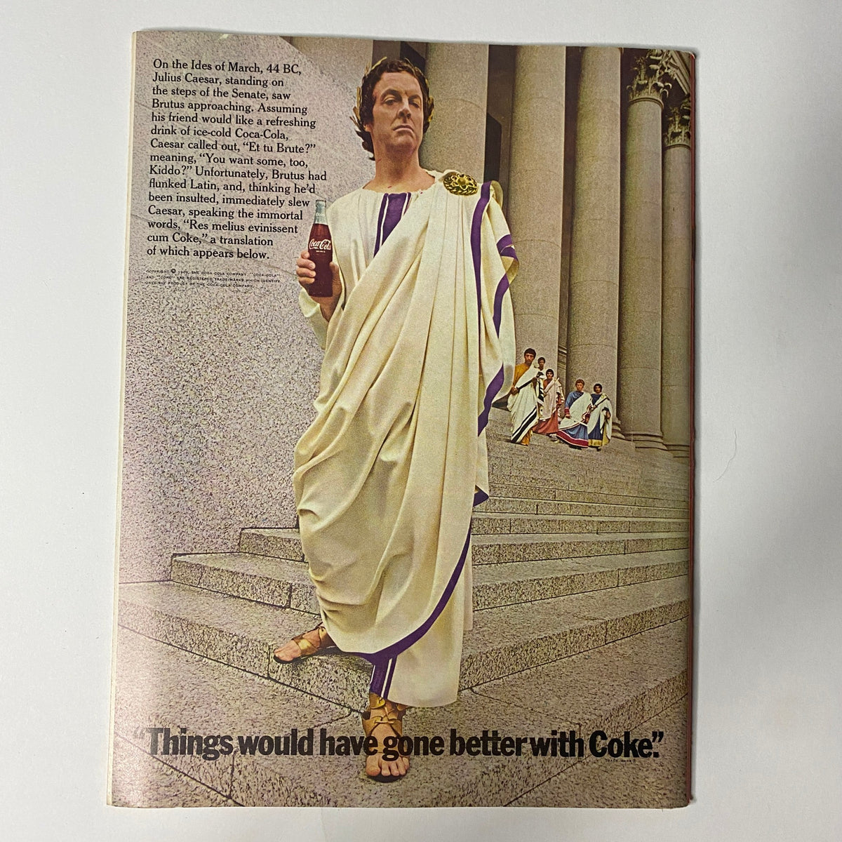 Humorous advertisement from Circus Magazine March 1969 depicting a Roman figure with the quote, 'Things would have gone better with Coke,' showcasing the magazine's blend of entertainment and culture.