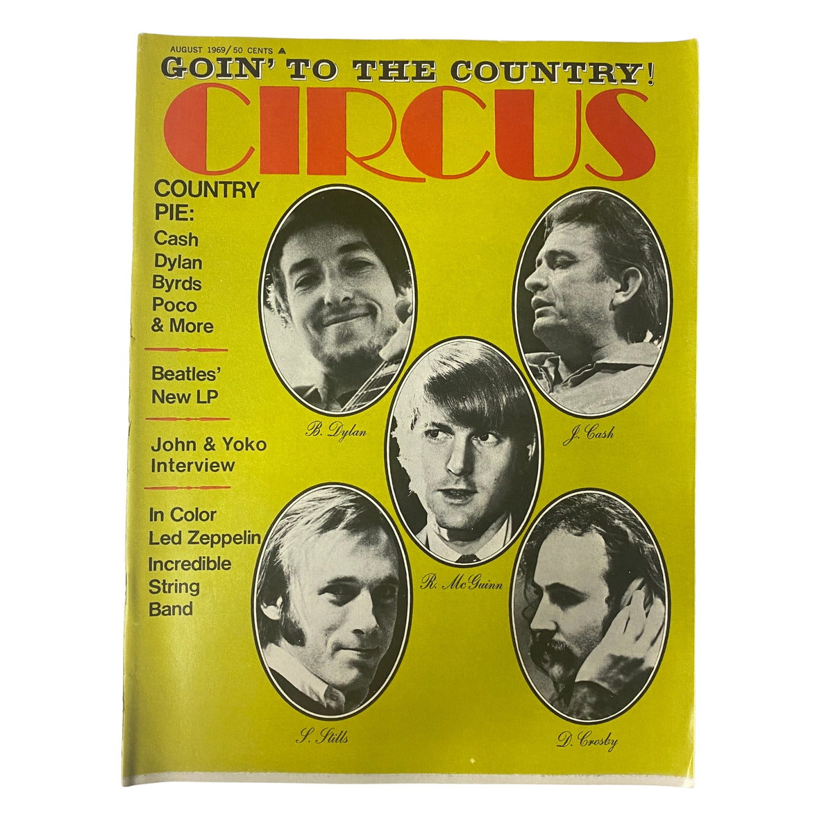 Cover of Circus Magazine August 1969 Vol. 4 No. 10 featuring Bob Dylan, Johnny Cash, and other iconic musicians. The magazine highlights cultural commentary from the late '60s rock scene.