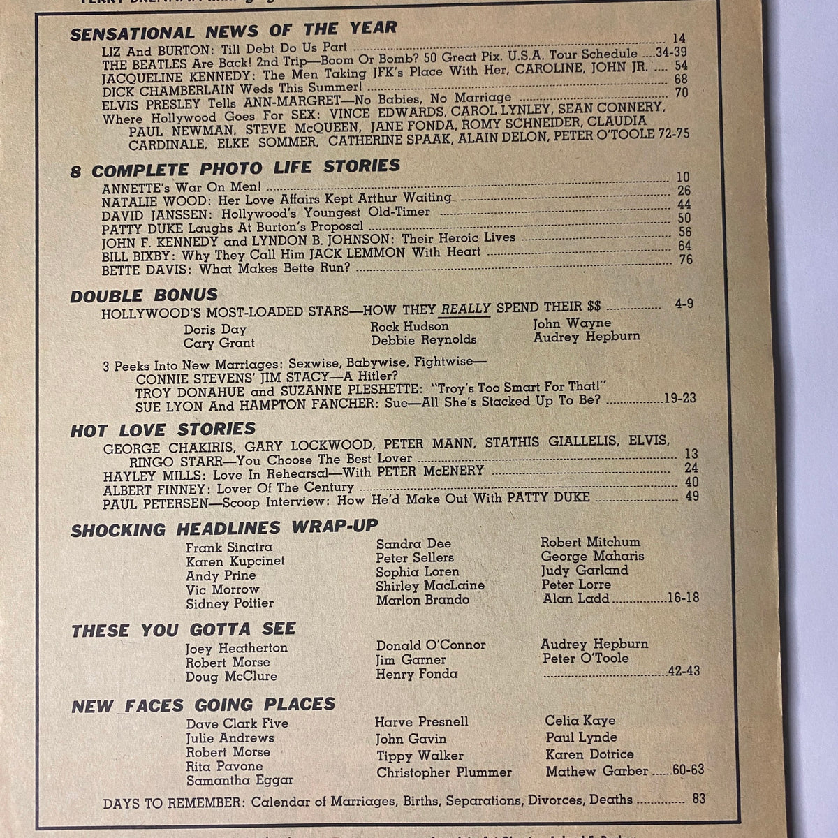Inside page of Movie Life Yearbook No. 35 listing articles and features like sensational news on celebrities, complete life stories, and notable headlines from Hollywood.