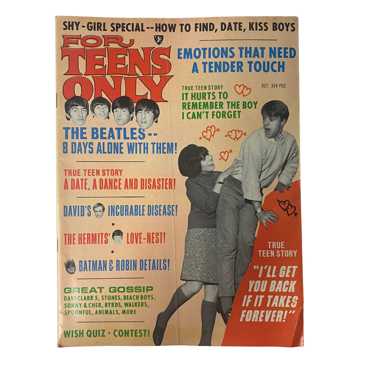 Cover of For Teens Only Magazine, October 1966, Vol 5 No. 1 featuring The Beatles, with themes of teen dating, beauty tips, and famous stories.