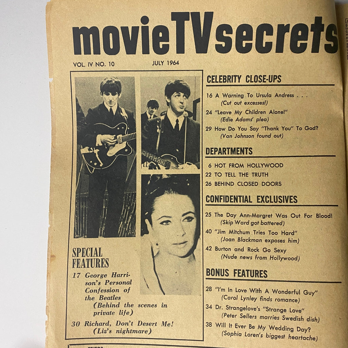 Contents page of Movie TV Secrets Magazine July 1964 Vol 4 No. 10, listing celebrity close-ups and special features including George Harrison's personal confession and exclusive Hollywood stories.