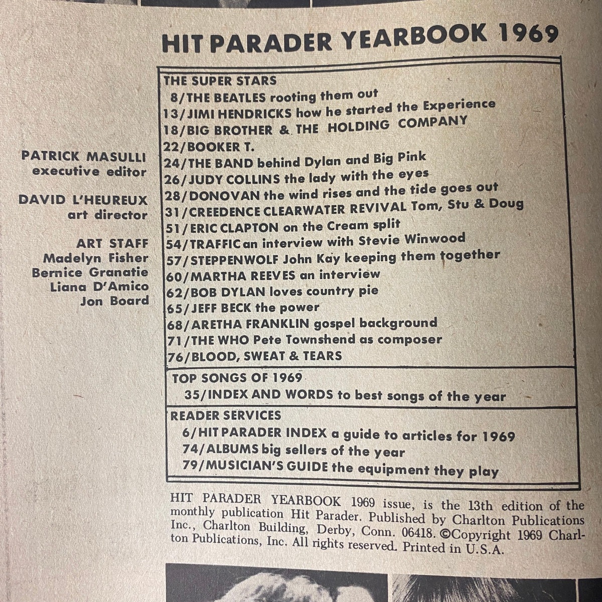 Page from Hit Parader Yearbook Winter 1969-1970 listing featured artists such as The Beatles, Jimi Hendrix, and Bob Dylan with article highlights and musical insights.