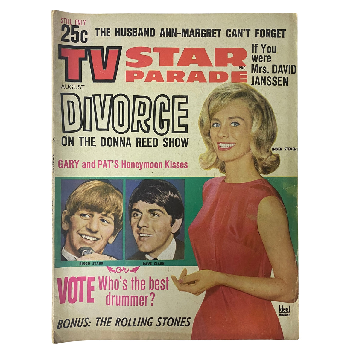 Cover of the TV Star Parade Magazine, August 1964 issue featuring Inger Stevens, Ringo Starr, and a reference to The Rolling Stones. The title prominently displays 'DIVORCE on the Donna Reed Show' and includes articles about celebrity life and a contest for best drummer.