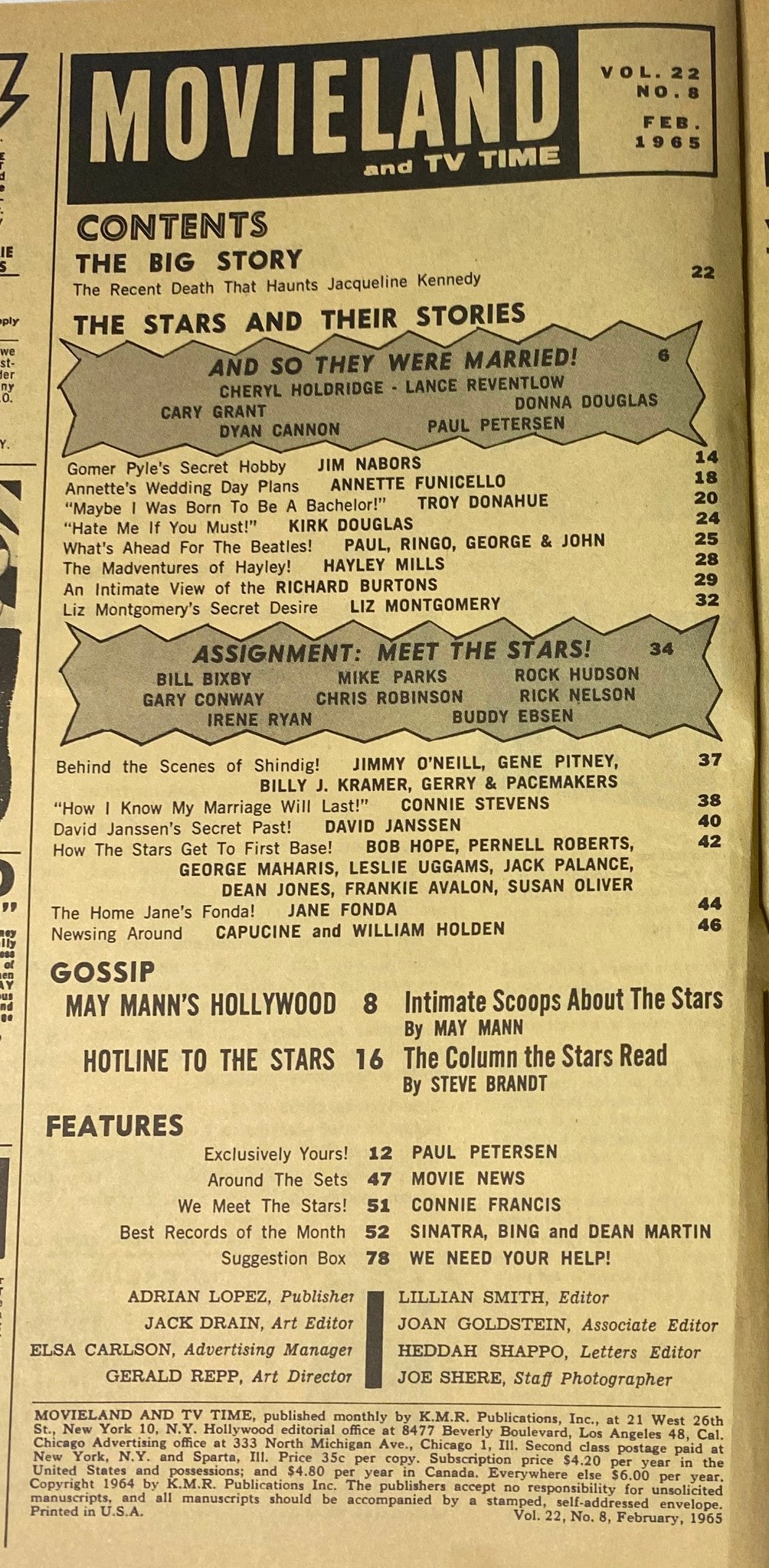 Contents page of Movieland and TV Time Magazine February 1965, listing articles and features like 'The Big Story' and 'So They Were Married!' highlighting various celebrities.