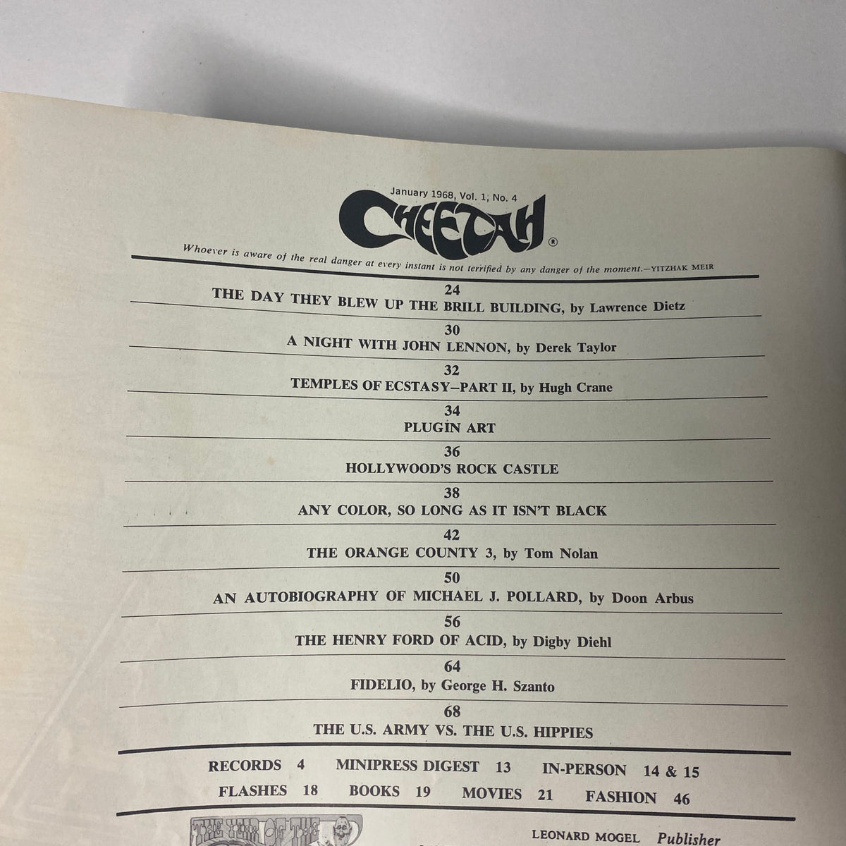 Table of contents from Cheetah Magazine January 1968 Vol 1 No 4, listing features such as 'The Day They Blew Up the Brill Building' by Lawrence Dietz and 'A Night with John Lennon' by Derek Taylor, highlighting the magazine's focus on music and culture.