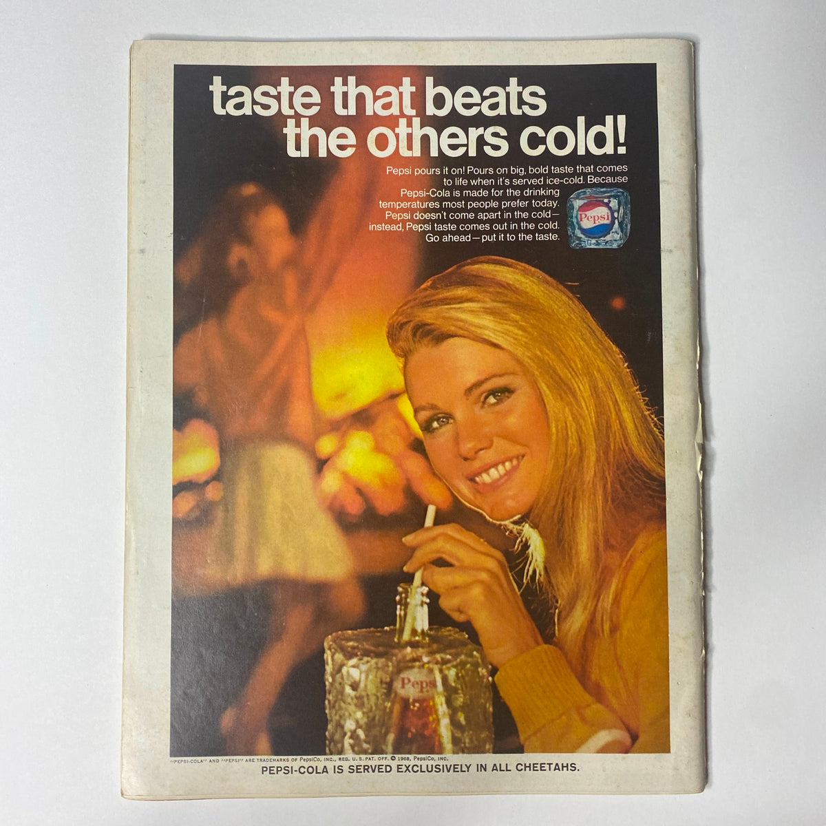 Back cover of Cheetah Magazine January 1968 Vol 1 No 4, featuring a vintage Pepsi advertisement with a smiling woman, emphasizing the magazine's connection to the popular culture and lifestyle of the late 1960s.