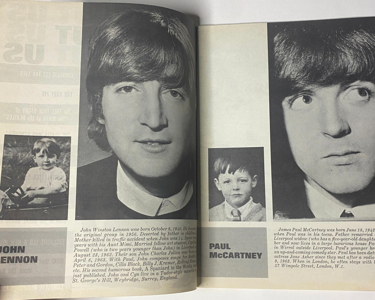 1964 All About Us The Beatles inside pages showcasing John Lennon and Paul McCartney with their childhood photos and biographies.