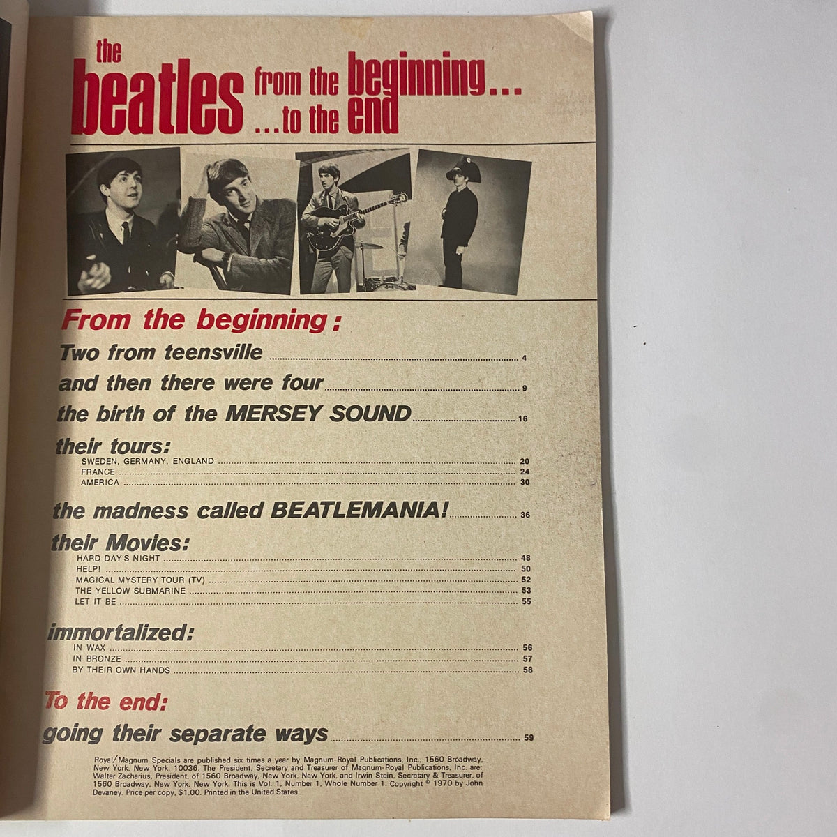 Table of contents from Royal/Magnum Magazine #1 The Beatles A Pictorial History From The Beginning, outlining featured sections on The Beatles' history, tours, and cultural impact.