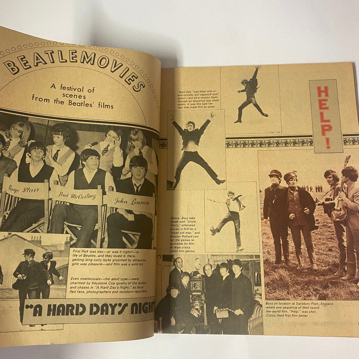 Spread from the 1972 The Beatles 10th Anniversary Collector's Treasure showcasing the Beatles movies, featuring scenes from 'A Hard Day's Night' and 'Help!'