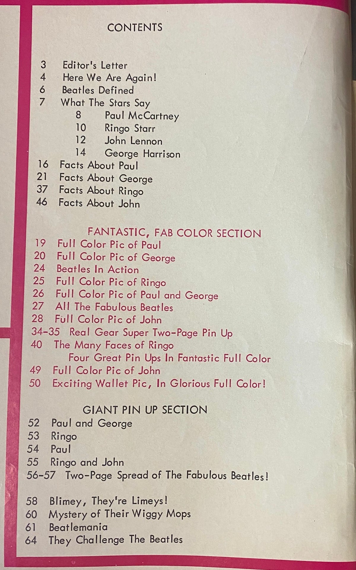 Table of contents from Teen Screen Magazine 1964 The Beatles Color Pinup Album outlining various sections including editor's letter, features on Paul McCartney and Ringo Starr, and the fantastic color section.