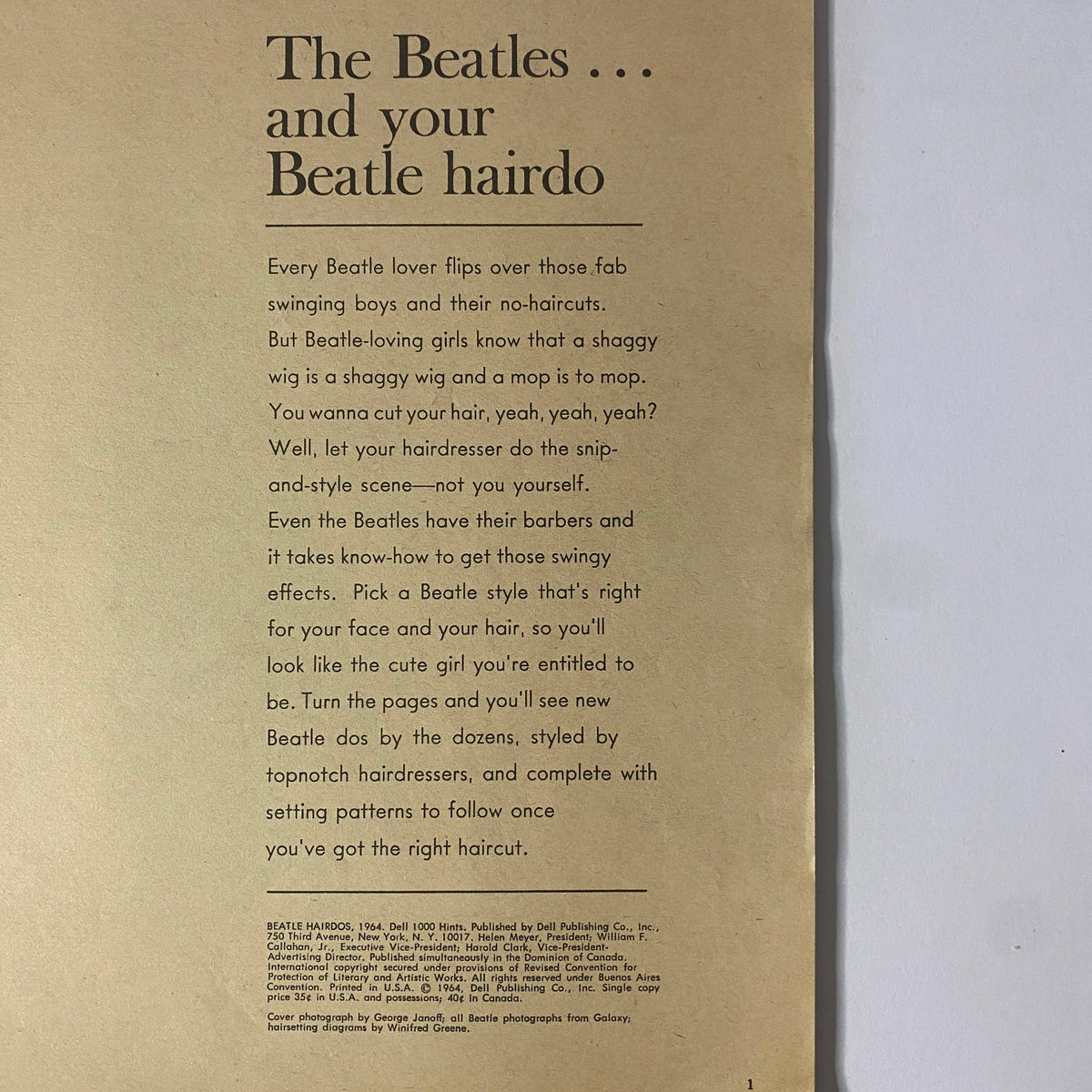 Back cover of '1964 Beatle Hairdos and Setting Patterns No Label' discussing how to achieve Beatle hairstyles, emphasizing the influence of the Fab Four on fashion.