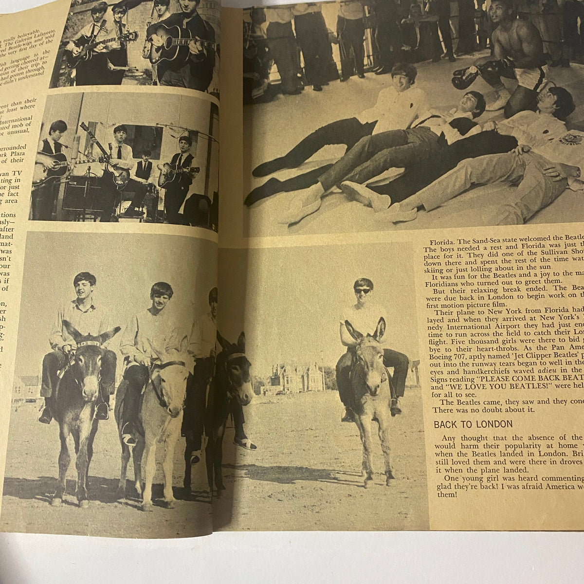A nostalgic image of The Beatles on donkeys during a beach outing, as seen in the 1964 magazine 'Who Will Beat The Beatles? The Mersey Sound Hits America'.