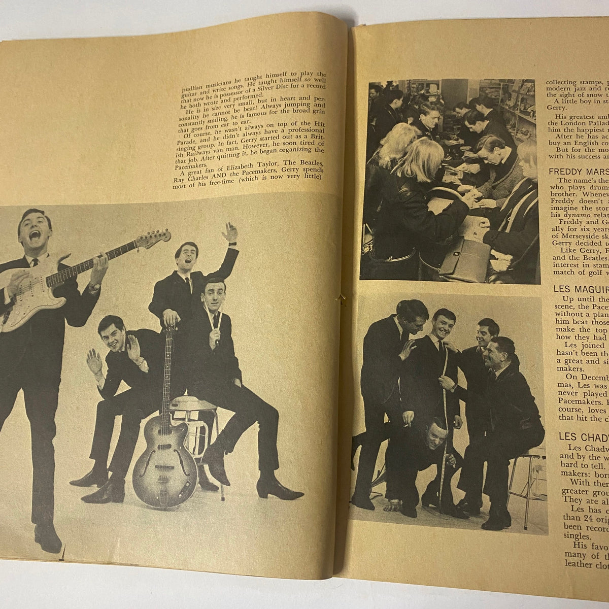 1964 Who Will Beat The Beatles? The Mersey Sound Hits America - Interior page featuring black and white photos of British Invasion bands, including The Beatles, showcasing their popularity and influence in the 1960s music scene.