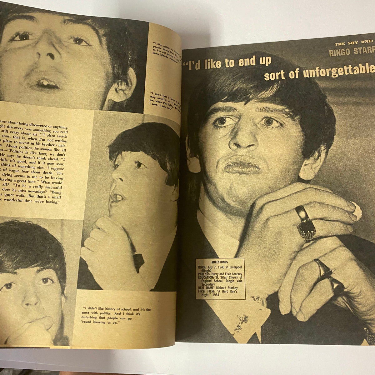 Vintage image from Hollywood Life Stories Magazine 1964 No. 14 featuring Ringo Starr, capturing his thoughtful expression and quotes about his aspirations in music.