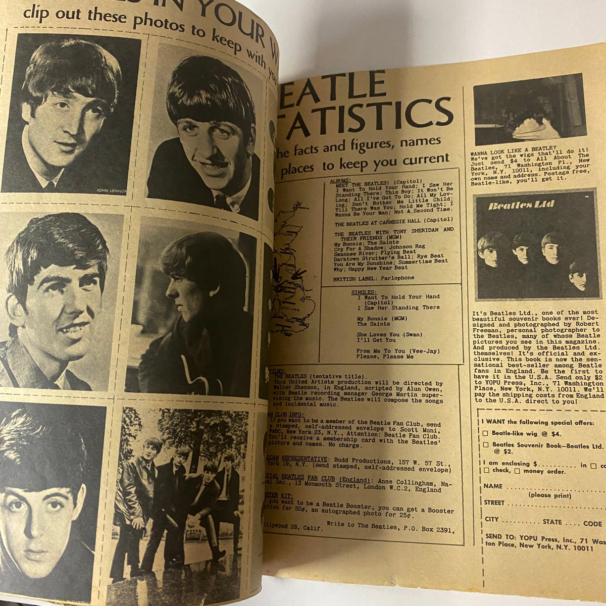 1964 All About The Beatles No. 1 GD Interior showcasing black and white photos of all four Beatles along with Beatles statistics and key facts.