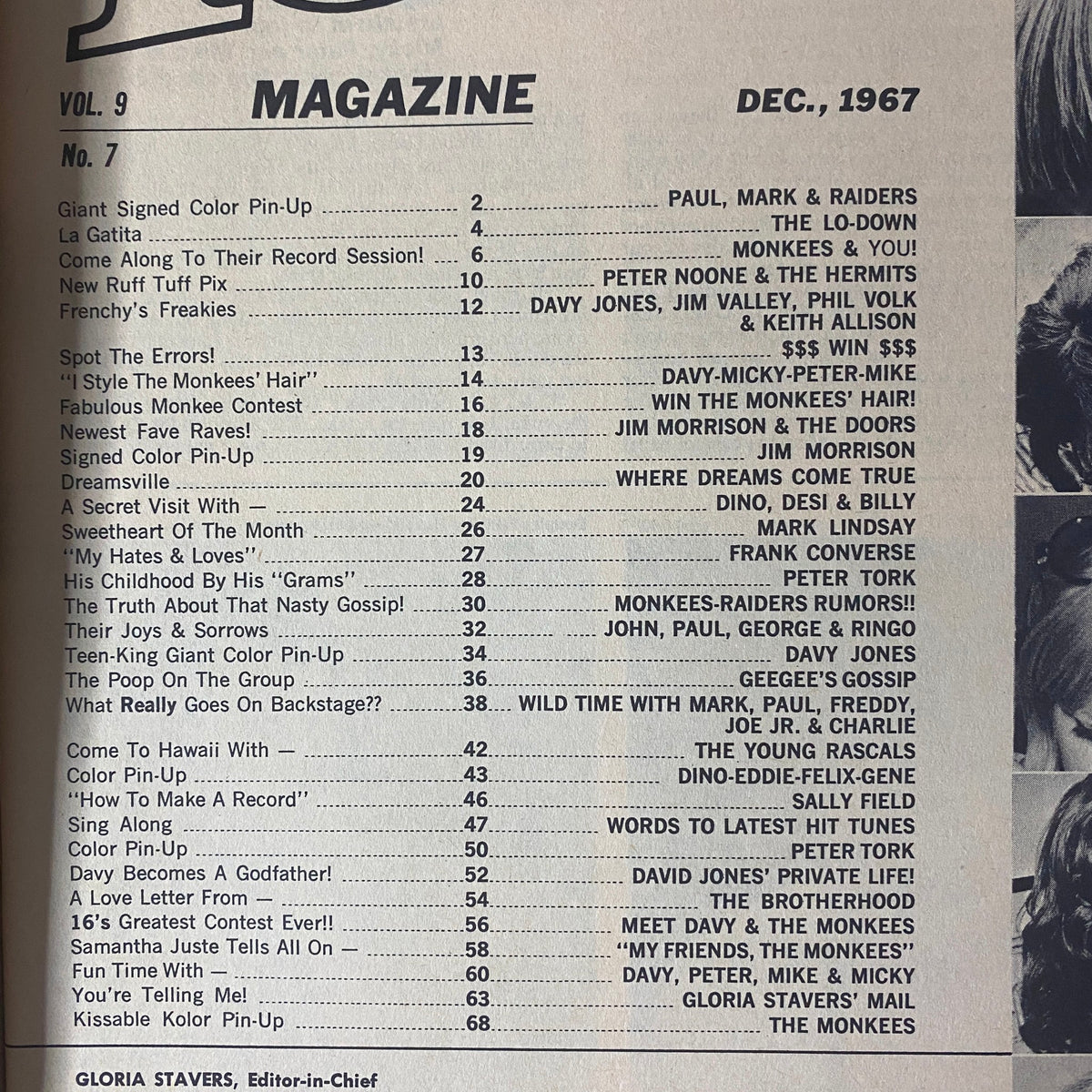 Table of Contents for 16 Magazine, December 1967, Vol. 9, No. 7, listing features on pop culture icons including Paul, Mark & The Raiders, Jim Morrison, and The Monkees.