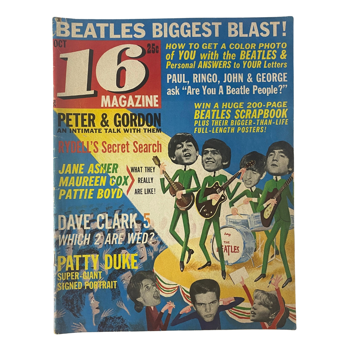 16 Magazine October 1964 Vol 6 No. 5 The Beatles cover featuring vibrant colors and iconic images of the band, with mentions of featured stars like Peter & Gordon, Dave Clark Five, and Patty Duke.