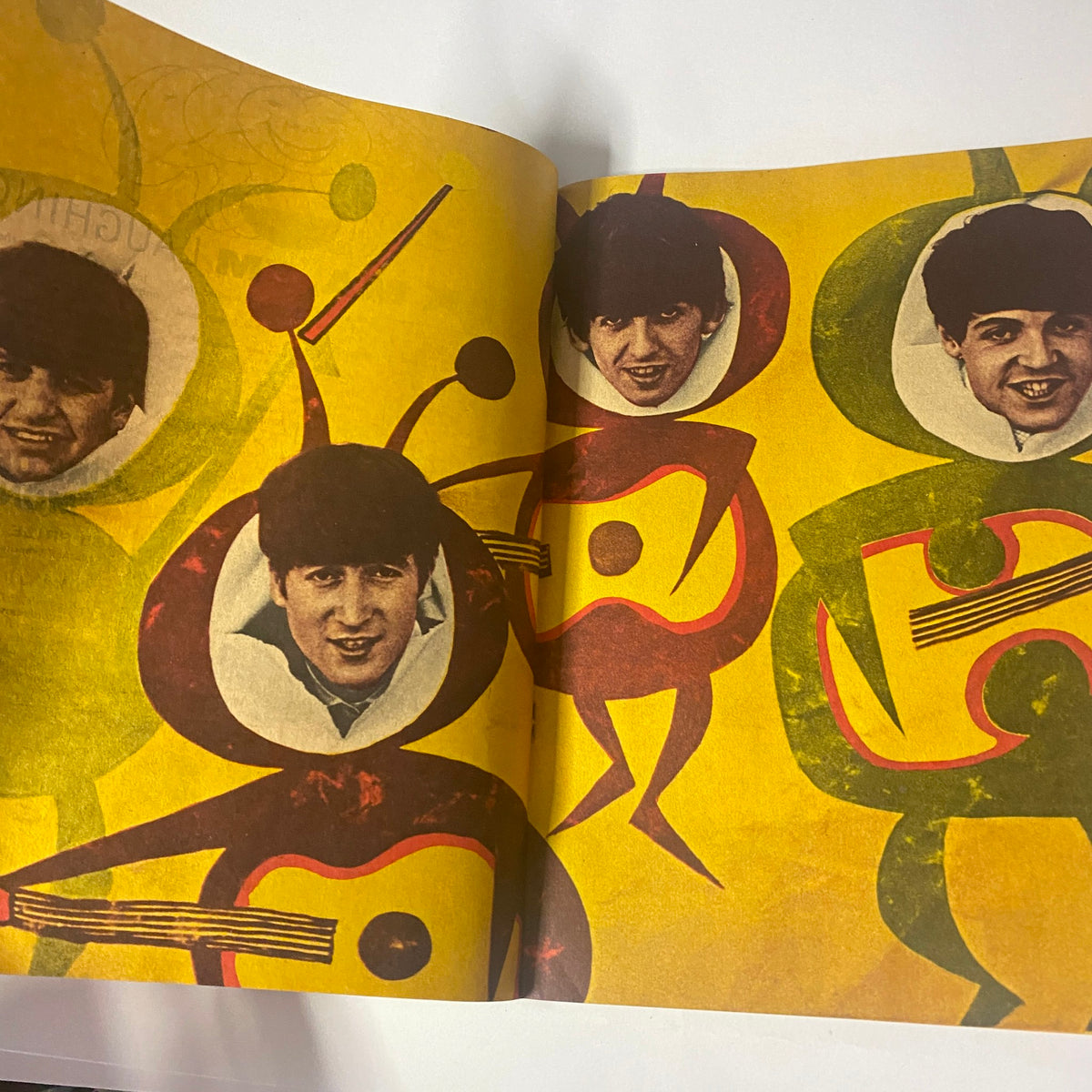 Artistic page from 16 Magazine January 1966 Vol 7 No. 8 displaying cartoon-like illustrations of The Beatles.