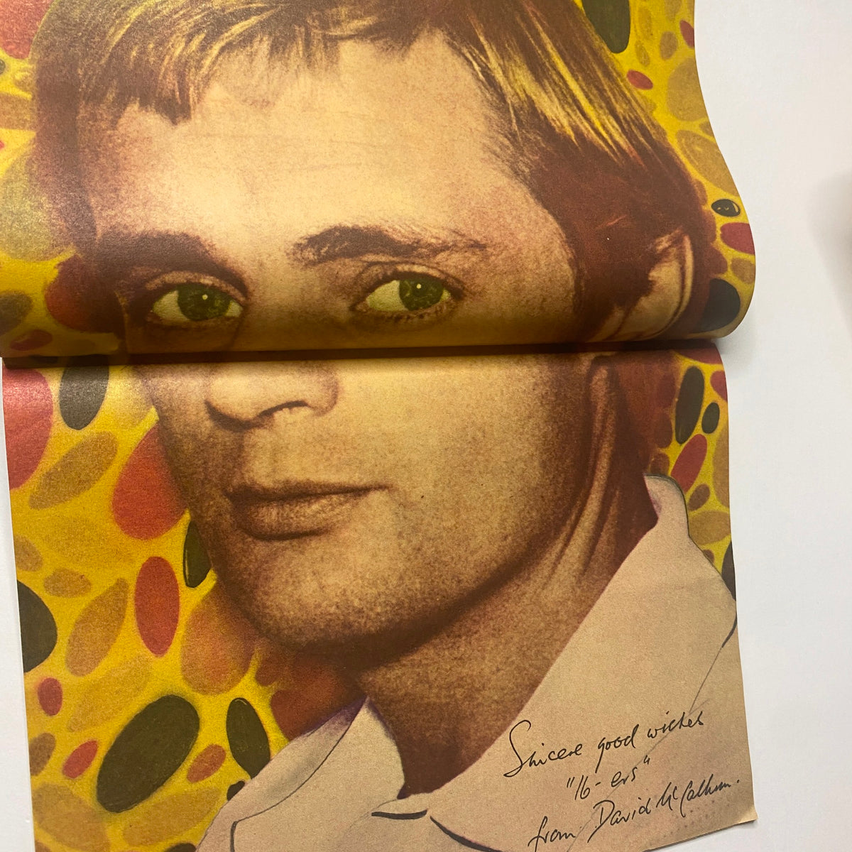 Giant color pin-up of David McCallum from 16 Magazine October 1965, with a psychedelic background and personalization, appealing to fans and collectors.