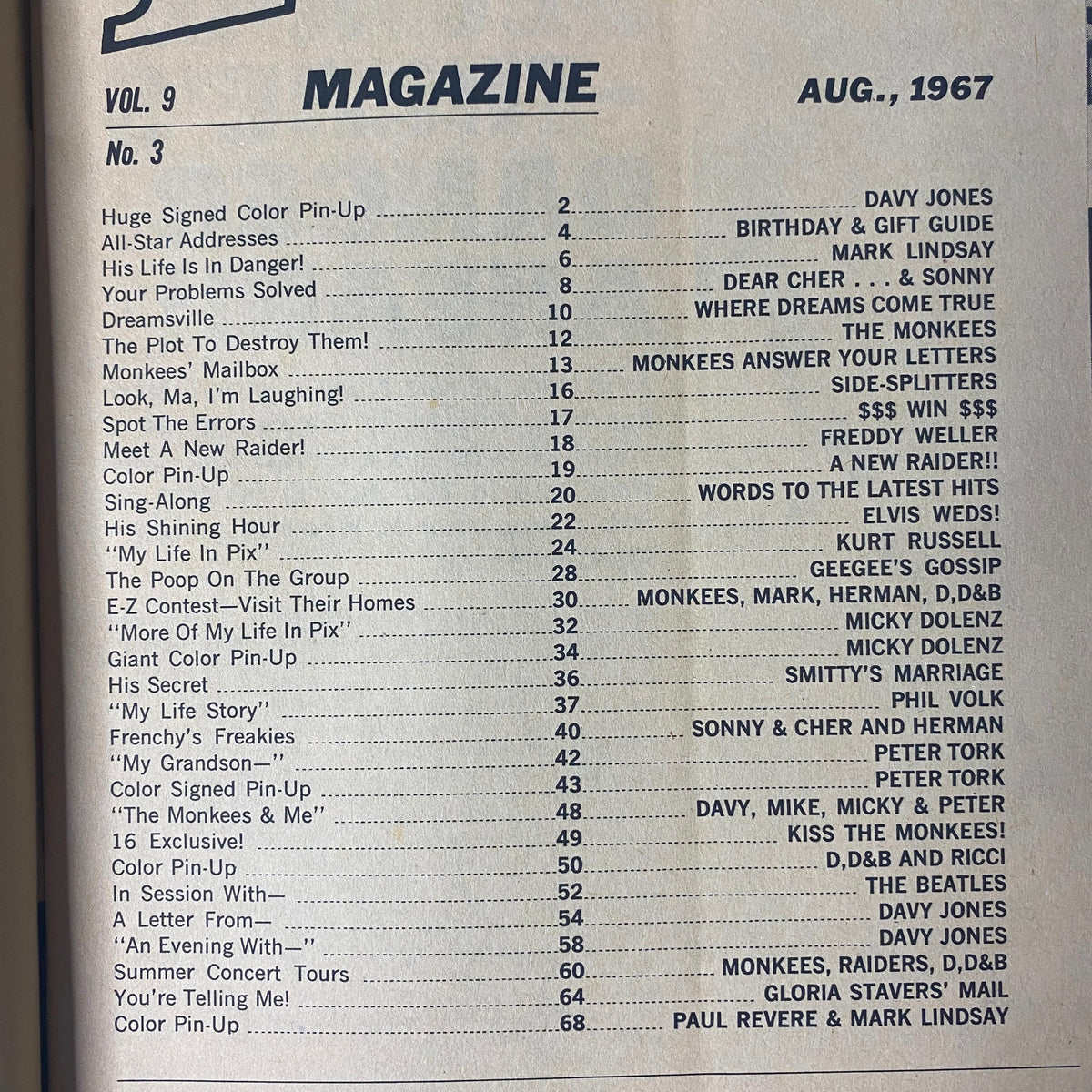 Table of Contents from 16 Magazine August 1967 Vol 9 No. 3, listing articles and features including Davy Jones and Sonny & Cher.