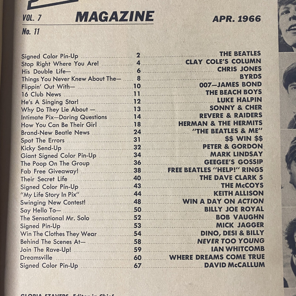 Table of Contents from 16 Magazine April 1966 Vol 7 No. 11 listing features on The Beatles, Clay Cole, Paul's Revere & The Raiders, and more.