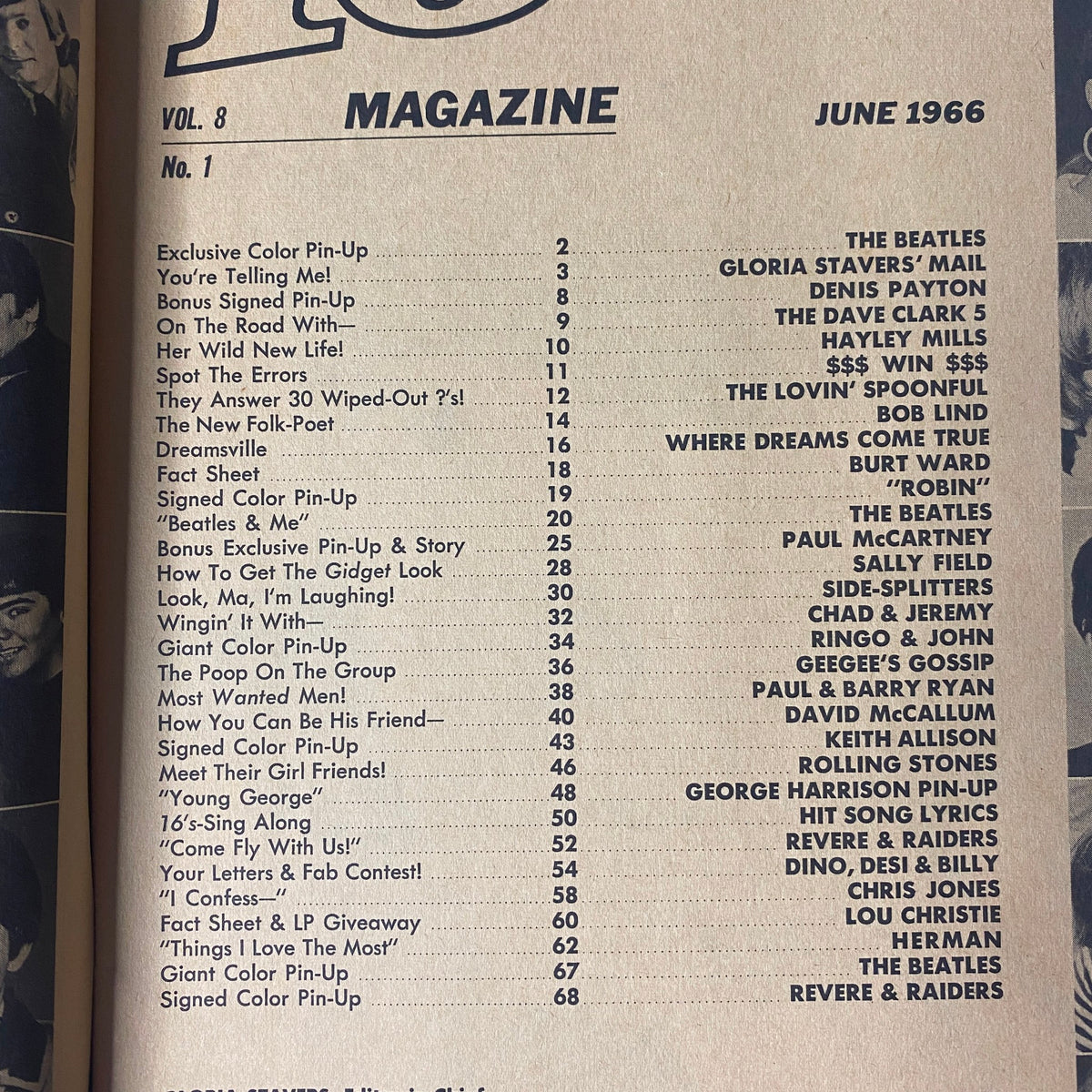 Table of Contents for 16 Magazine June 1966, listing articles about The Beatles, Hayley Mills, and other popular artists of the era.