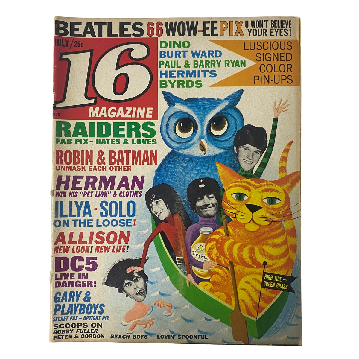 Cover of 16 Magazine July 1966 featuring Herman & The Hermits, illustrated with a colorful design and images of popular musicians including The Beatles, with pin-ups and a vibrant retro aesthetic.