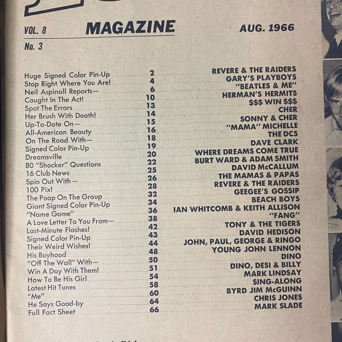 Table of contents from 16 Magazine, August 1966, Vol. 8, No. 3, highlighting features including Revere & The Raiders, The Beach Boys, and exclusive reports.