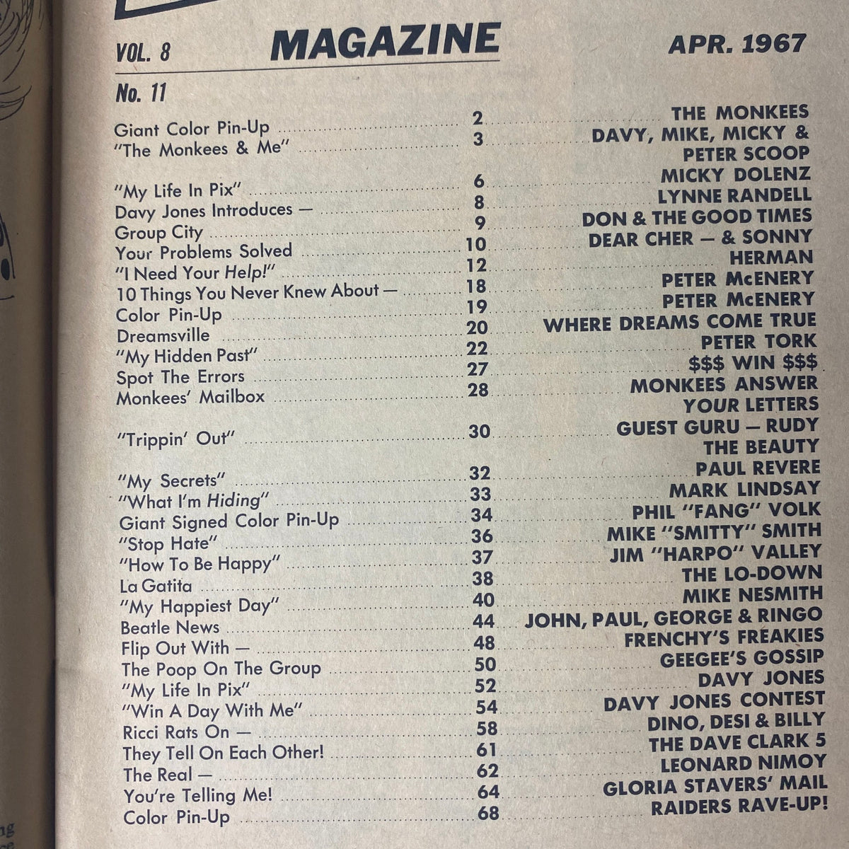 16 Magazine April 1967 Vol 8 No. 11 Table of Contents featuring The Monkees & Me and other highlights from the issue.
