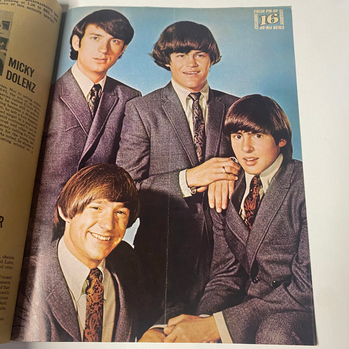 Image of The Monkees in 16 Magazine December 1966 Vol. 8 No. 7, showcasing the iconic pop group in stylish suits.