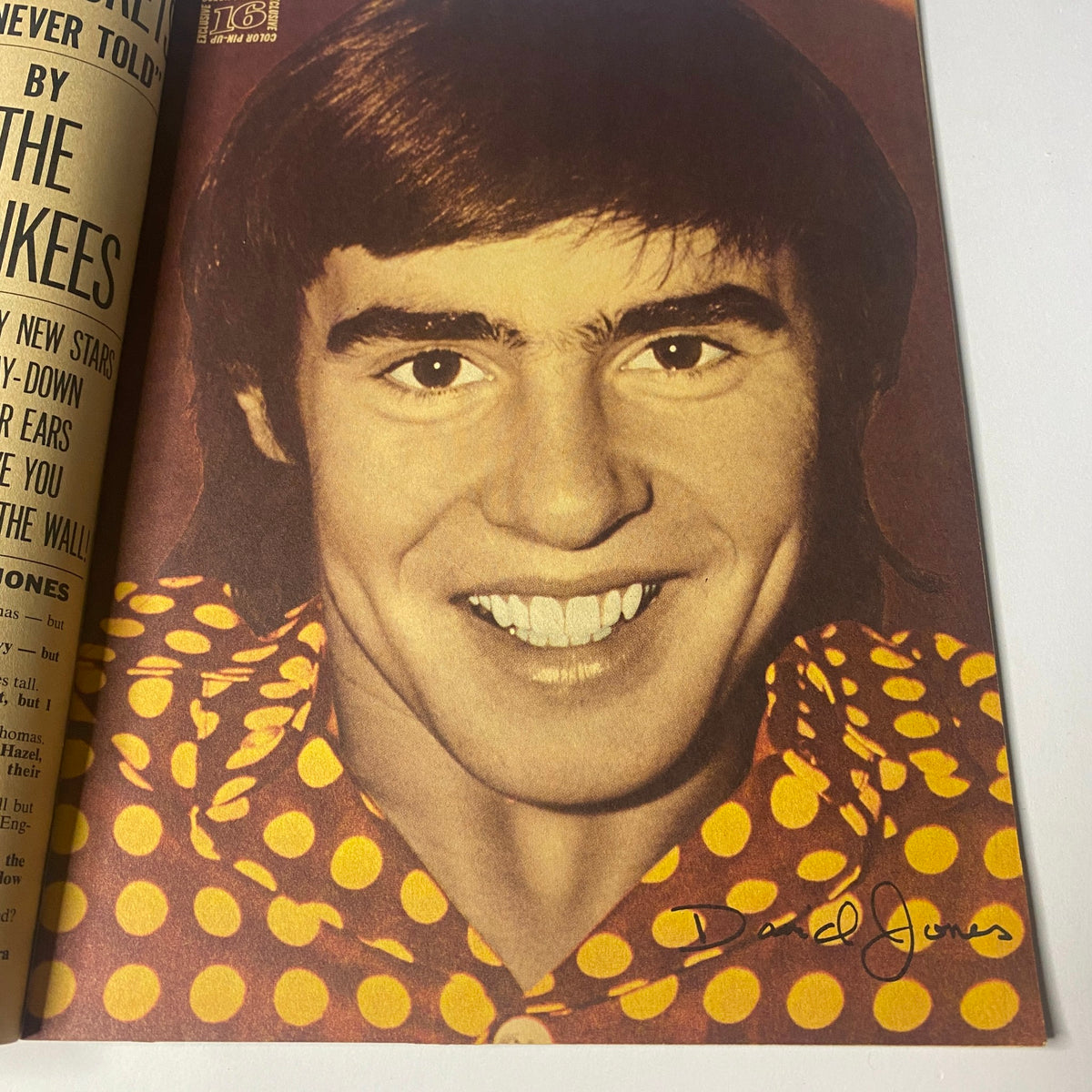 Portrait of Davy Jones from The Monkees, smiling brightly, featured in 16 Magazine January 1967 Vol. 8 No. 8, highlighting teen idol culture.