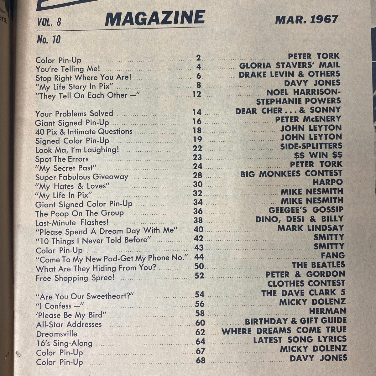 16 Magazine March 1967 Vol 8 No. 10 Table of Contents showcasing articles featuring Peter Tork and Davy Jones.
