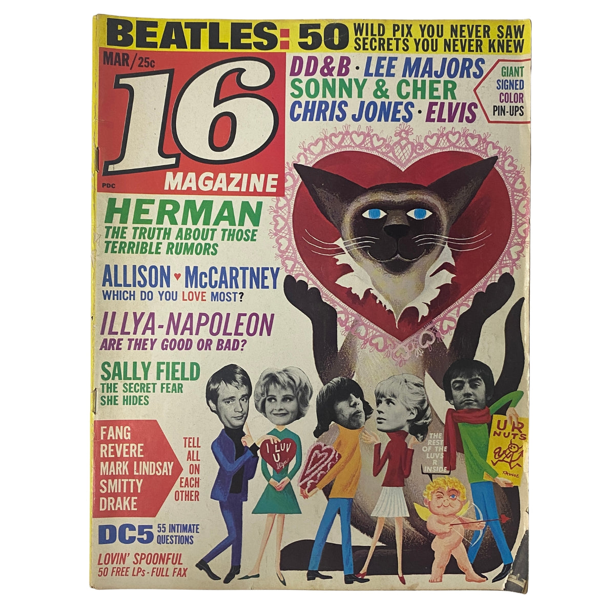 Cover of 16 Magazine March 1966 Vol 7 No. 10 featuring Dino, Desi & Billy with a prominent pin-up, including illustrations of various celebrities and a cat graphic.