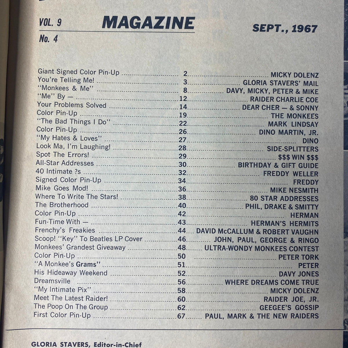 Cover page of 16 Magazine September 1967, Vol 9 No 4 featuring Micky Dolenz, with contents listed inside including pin-up and exclusive features.