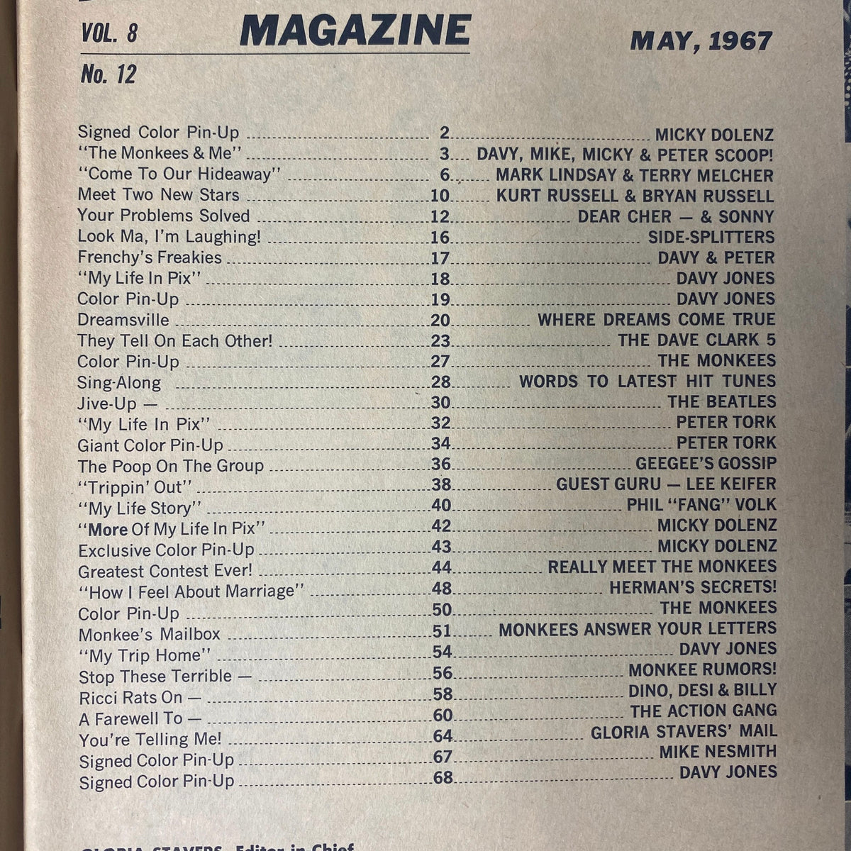 Table of contents of 16 Magazine May 1967 Vol 8 No. 12, listing articles about Micky Dolenz, Cher, Davy Jones, and key features of the issue.