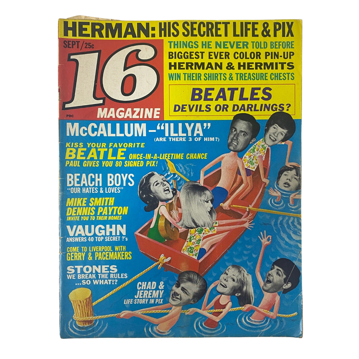 Cover of 16 Magazine September 1965 Vol 7 No. 4 featuring Herman, Clay Cole, and exclusive pinups. Highlights include Beatles features and pop culture.