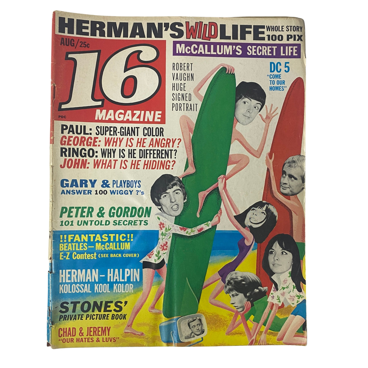 Cover of 16 Magazine August 1965 Vol. 7 No. 3 featuring Gary & The Playboys alongside colorful pin-up images and headlines including Paul McCartney and The Rolling Stones, highlighting classic 1960s pop culture.